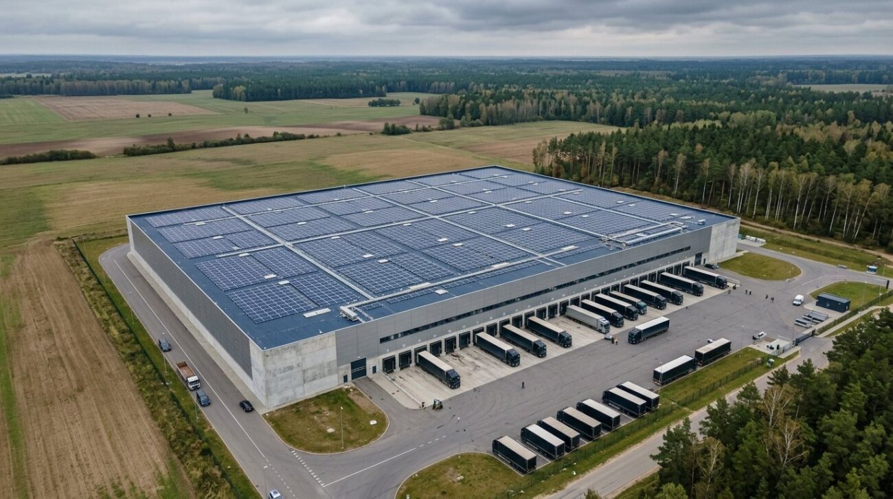Logistikos sandėlio plokščias stogas su saulės moduliais iš paukščio skrydžio
